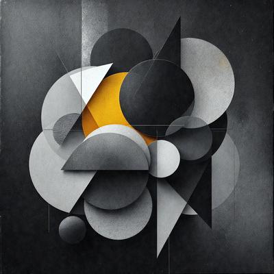 The primary subject of the image is a black and white geometric artwork featuring a circle with an orange center. The setting is a black background, and the visual style is a combination of digital art and illustration. The dominant colors are black, white, and orange, creating a bold and striking appearance. The overall atmosphere of the image is modern and artistic.